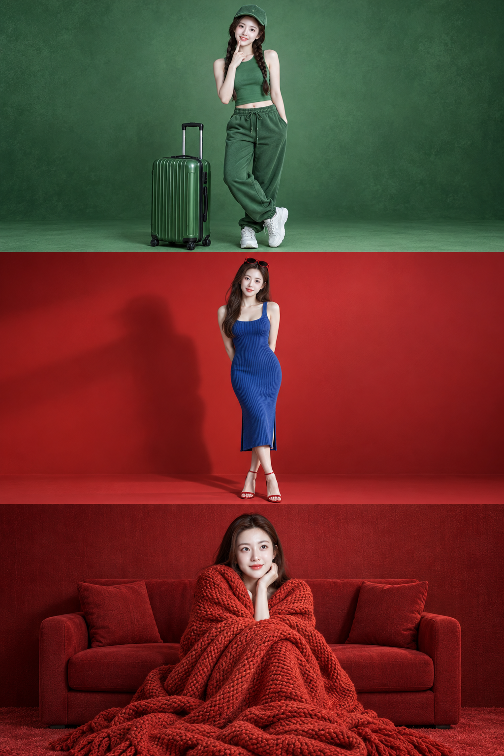 同一成年女性的三款撞色3D造型