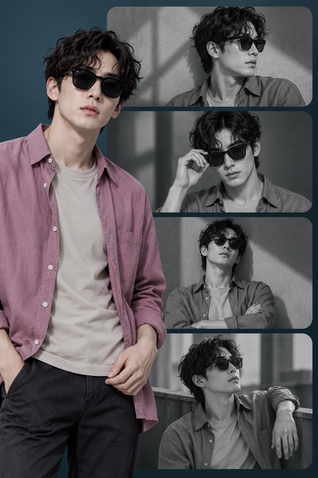 卷发成年男性四格黑白与彩色拼贴海报 — AI image creation