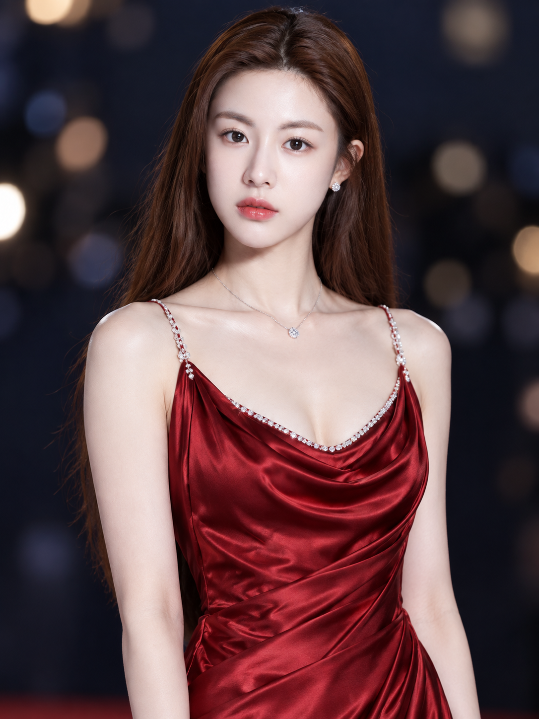 红毯闪光灯下的红色缎面礼裙成年女性肖像 — AI image creation