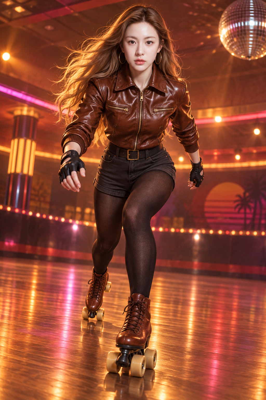 复古未来主义旱冰迪斯科成年女性全身像 — AI image creation