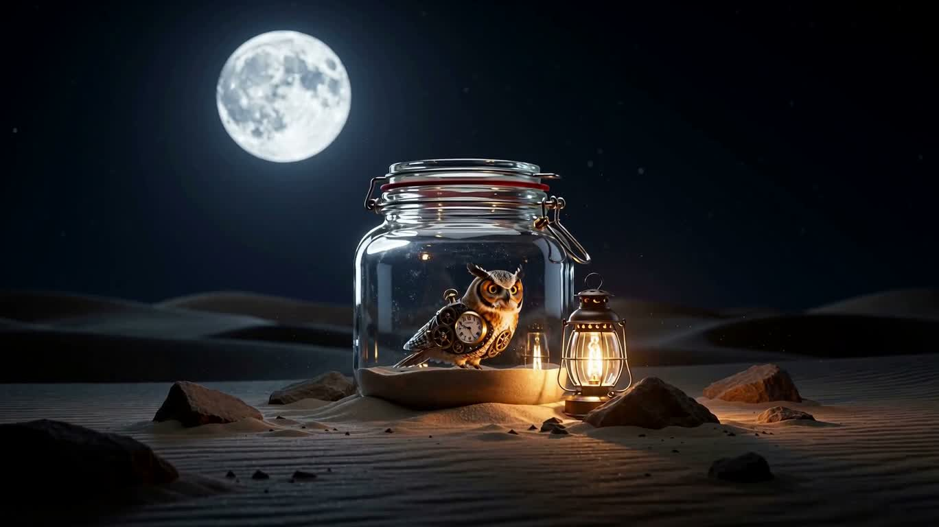 Steampunk Owl in a Glass Jar in the Desert