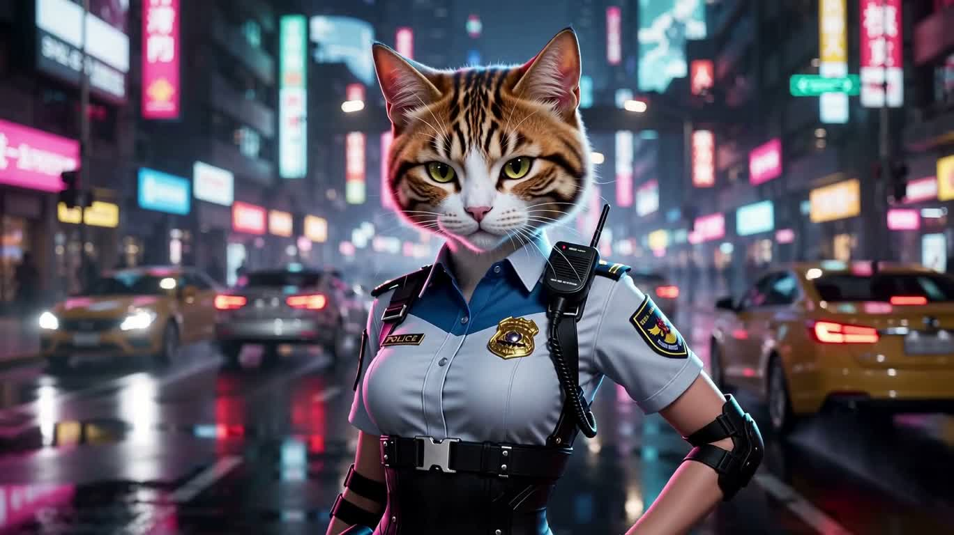 霓虹赛博猫警官 — AI video creation