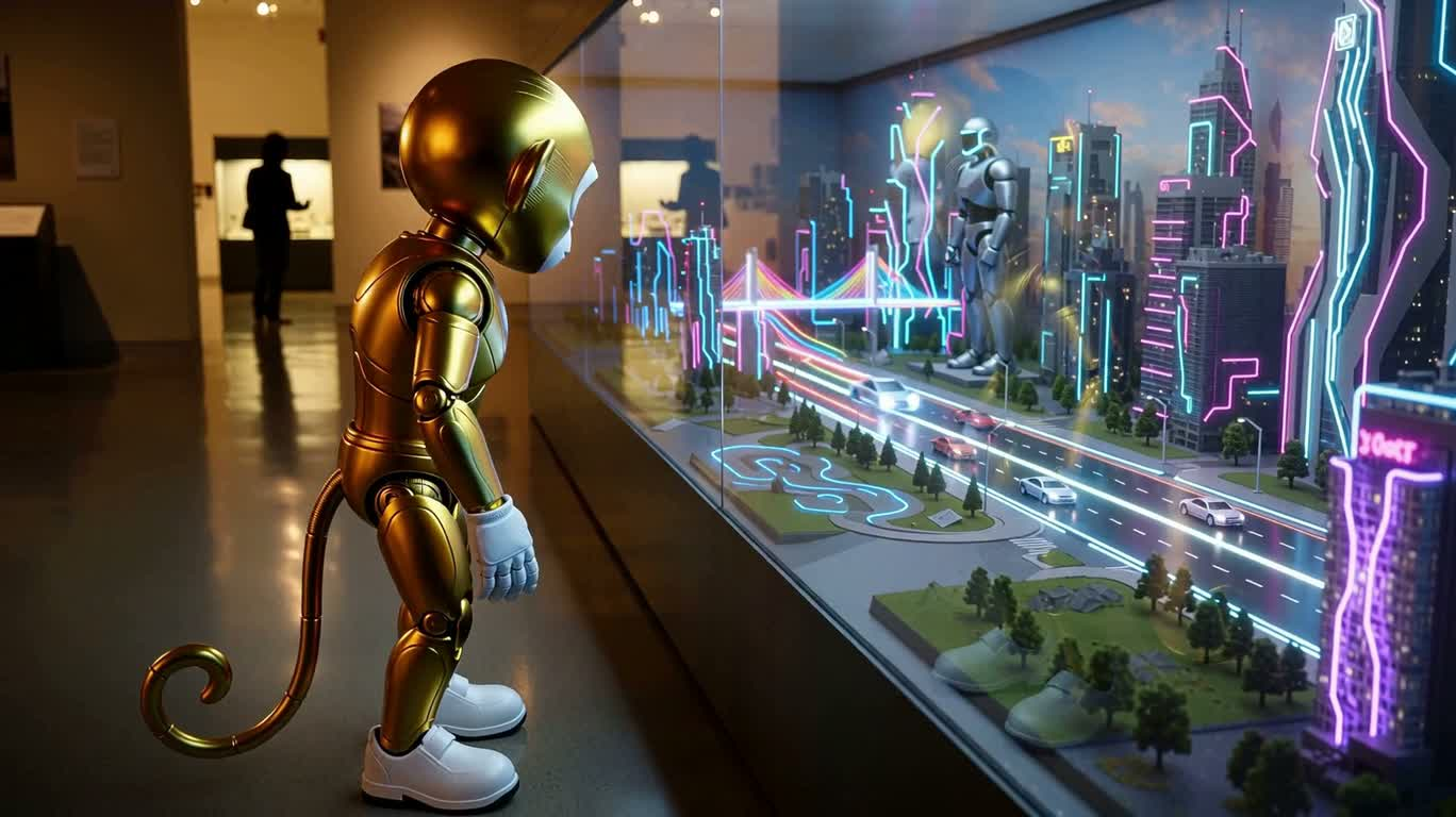 金色小机器人穿越霓虹博物馆 — AI video creation
