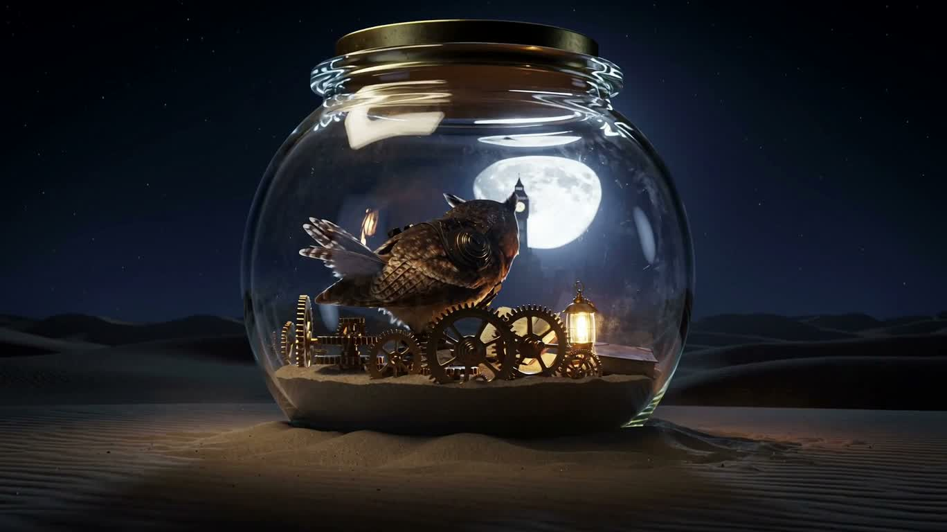 Détective hibou steampunk dans le sable lunaire — AI video creation