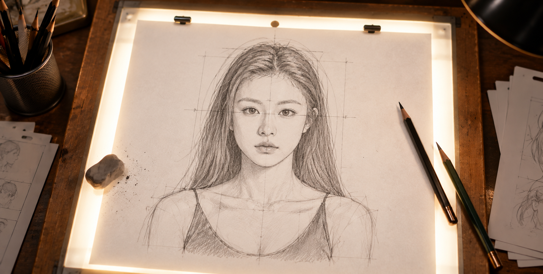暗室中透写台上的精致素描 — AI image creation