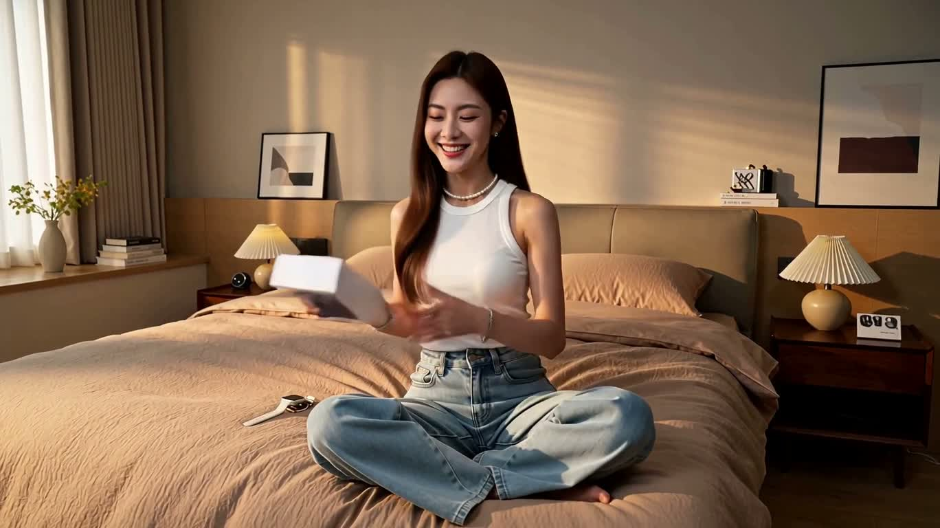 暖光卧室里的折叠手机与智能手表体验分享 — AI video creation