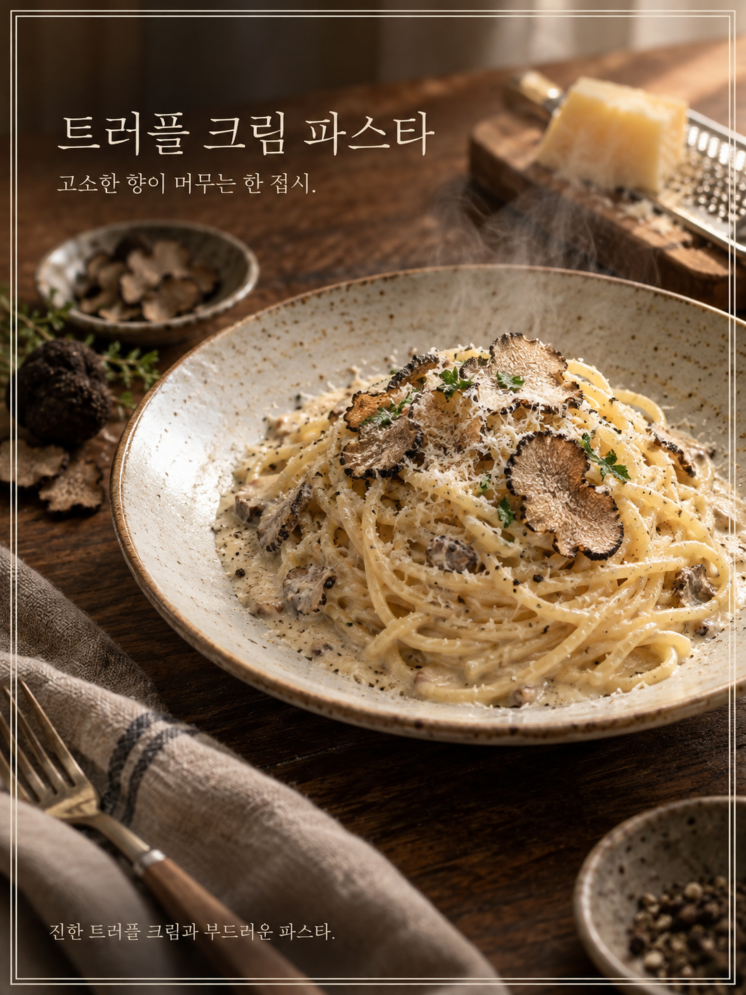 Poster ẩm thực cao cấp với chữ menu tiếng Hàn và viền đôi