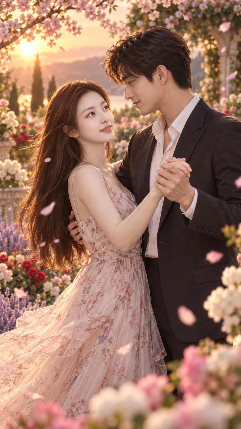 Adult Couple in a Dreamy Flower Garden at Sunset — AI image creation