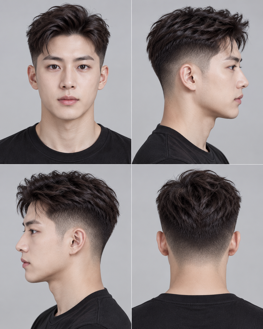 男士渐变发型四角度影棚目录 — AI image creation
