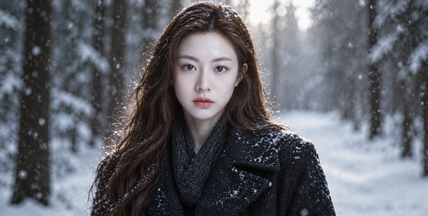 轻雪森林中的成年女性电影感冬日肖像 — AI image creation