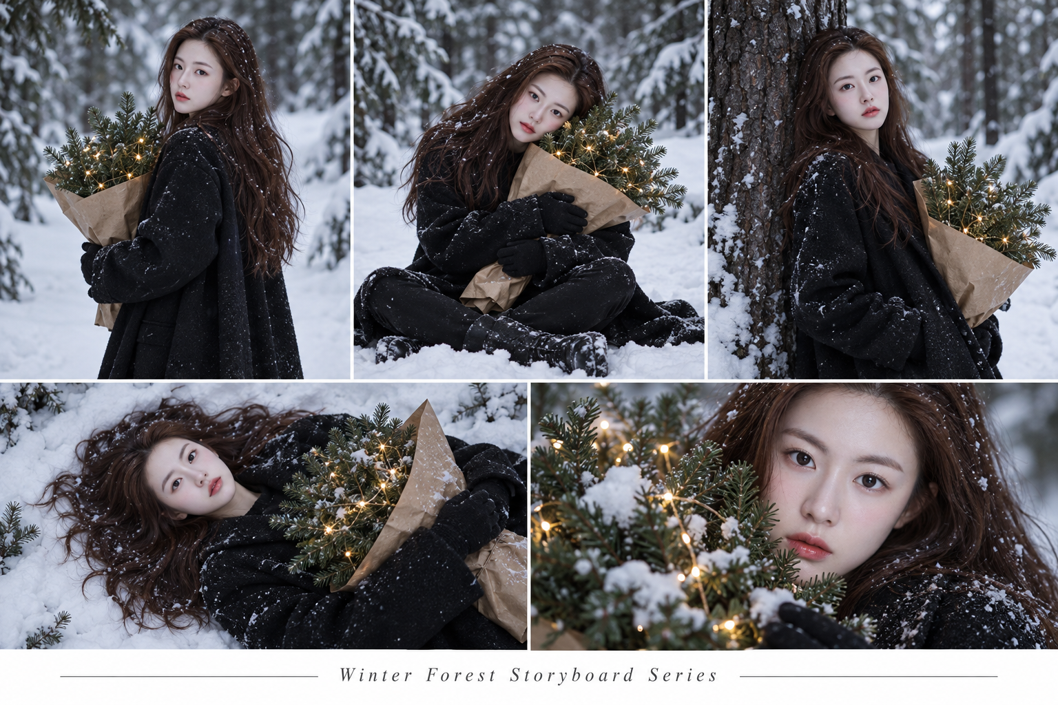 冬日雪林中五格静谧叙事故事板 — AI image creation