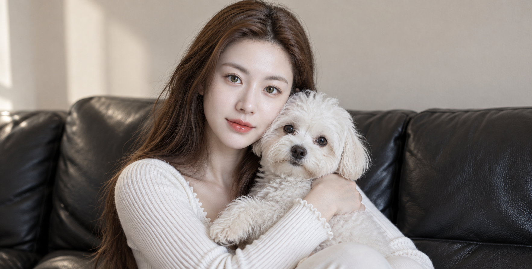 温暖窗光下少女怀抱白犬的超写实人像 — AI image creation