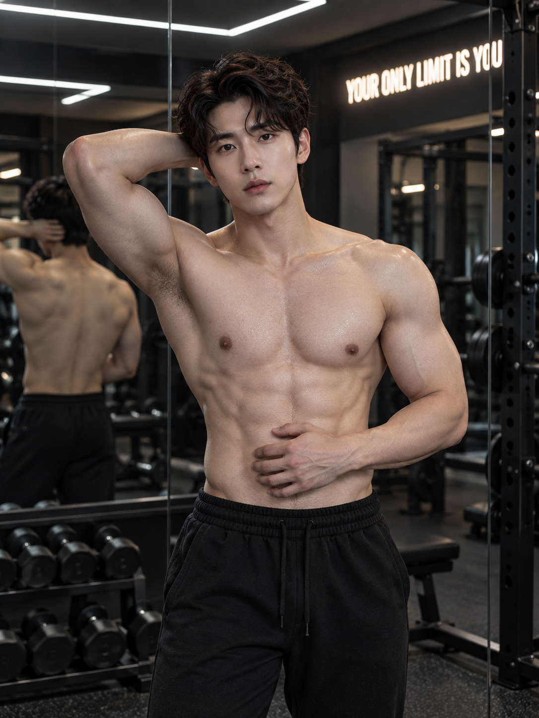 镜前健身房成年男性LED励志人像 — AI image creation