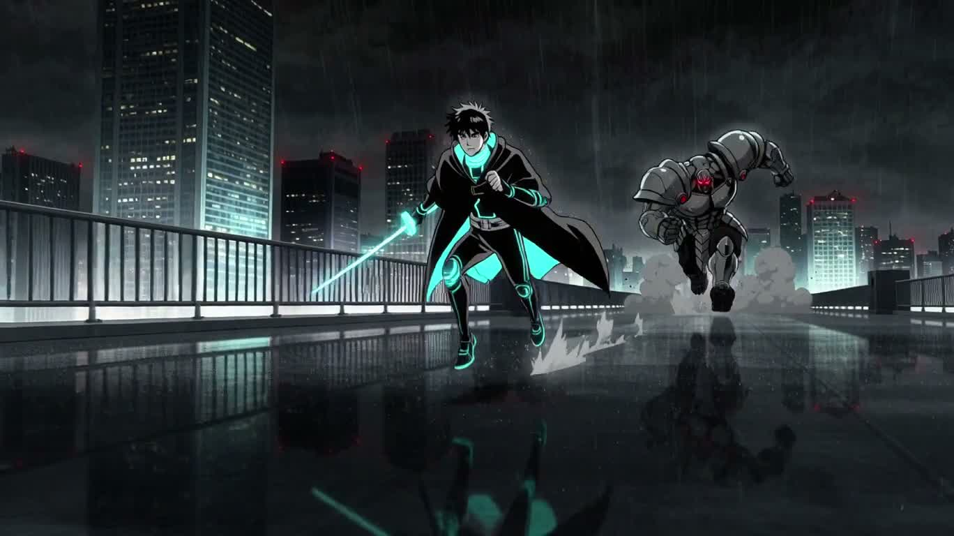 雨夜霓虹天台:赛博武士决战装甲魔王 — AI video creation