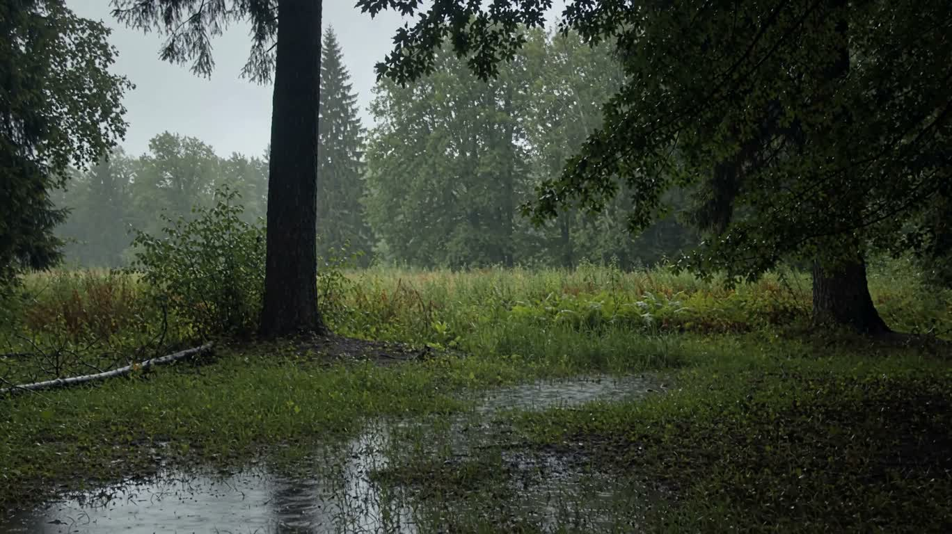 Pluie fine dans une clairière brumeuse — AI video creation