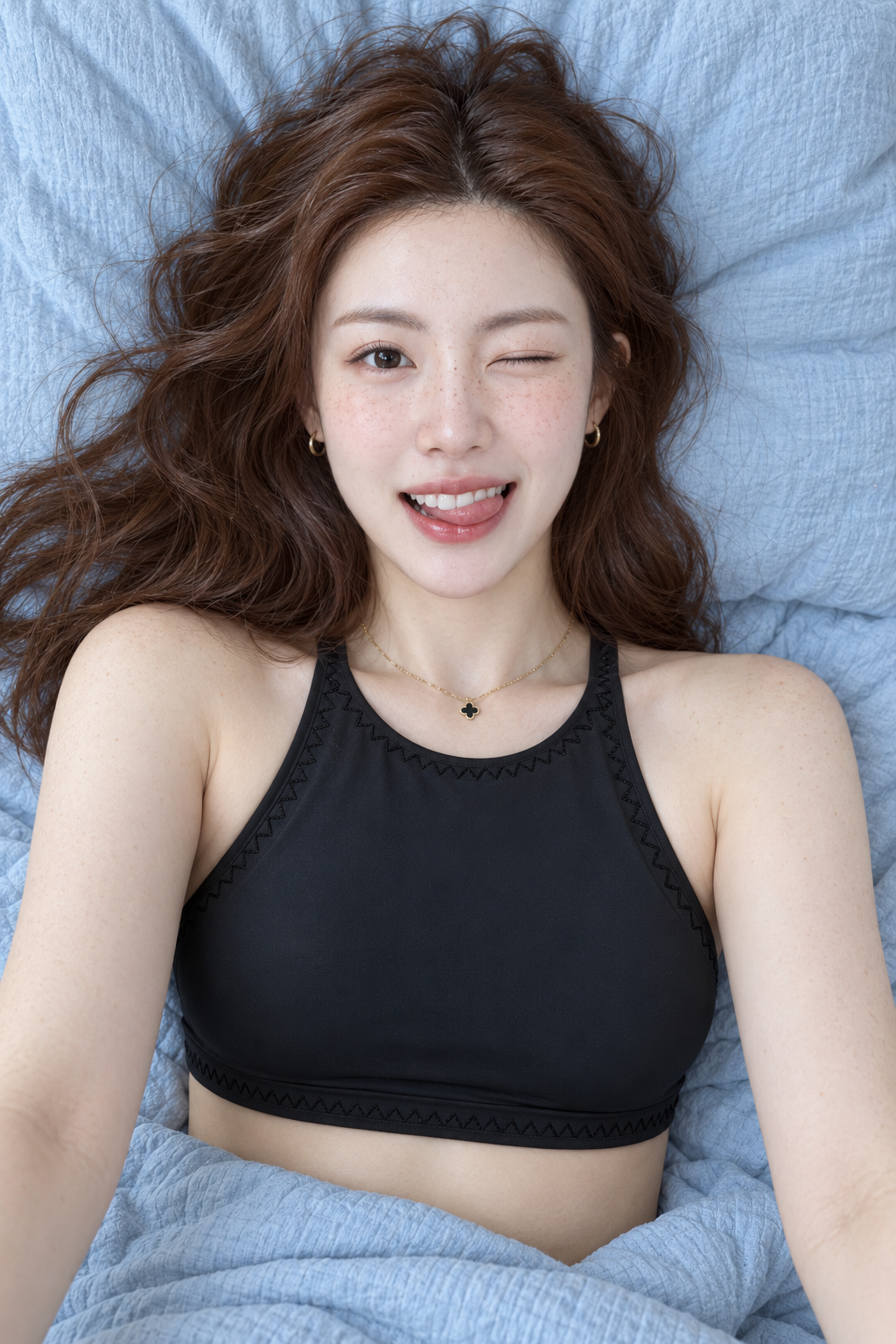 俯拍俏皮吐舌的成年女性肖像 — AI image creation