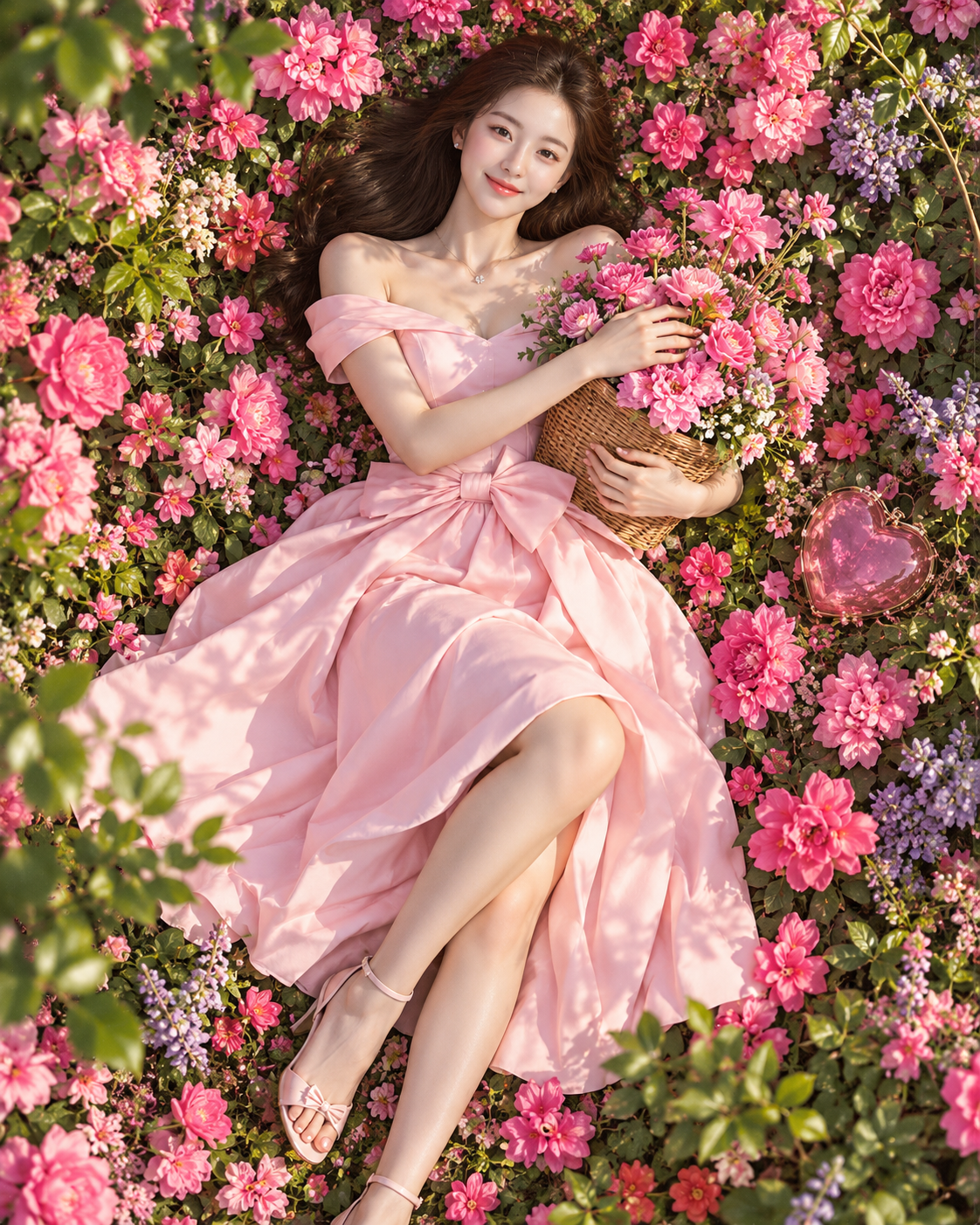 花海俯拍粉裙成年女性时尚大片 — AI image creation