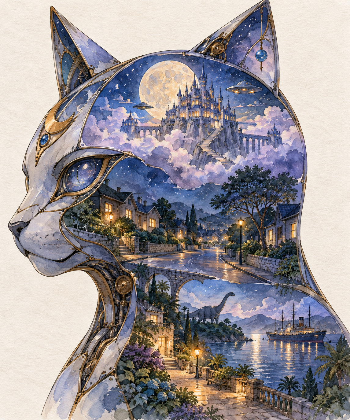 月夜机械猫剪影中的三层梦境水彩 — AI image creation