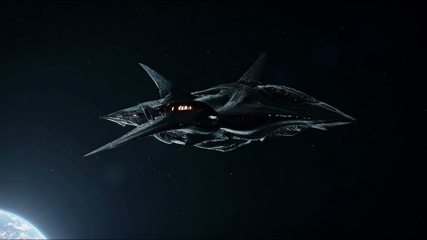 有機的な角を持つ脅威の星艦 — AI video prompt