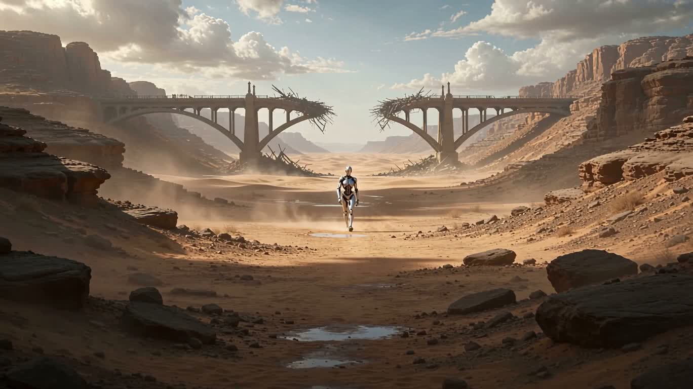 Cyber Walker on an Abandoned Desert Bridge
