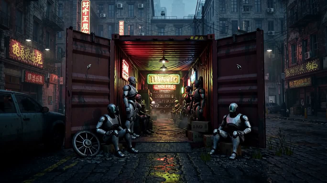 霓虹集装箱科幻废品店 — AI video creation