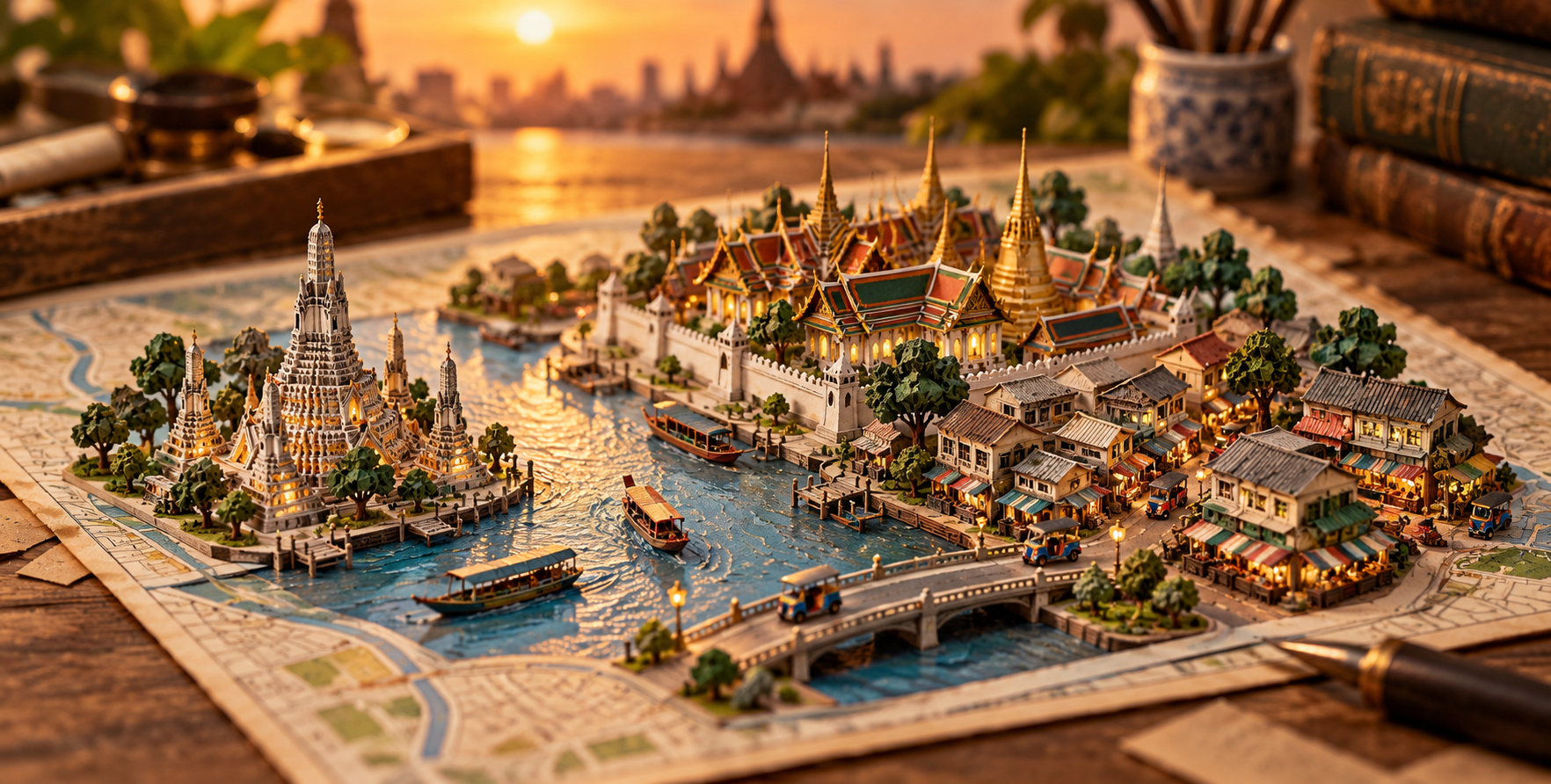 曼谷日落纸艺微缩立体地图 — AI image creation