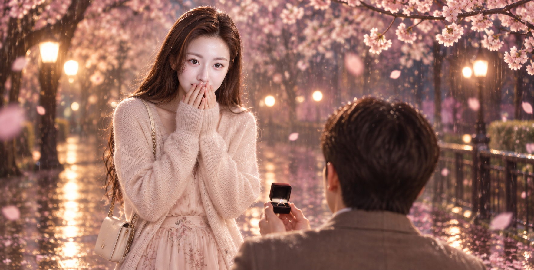 樱花细雨中的求婚时刻 — AI image creation