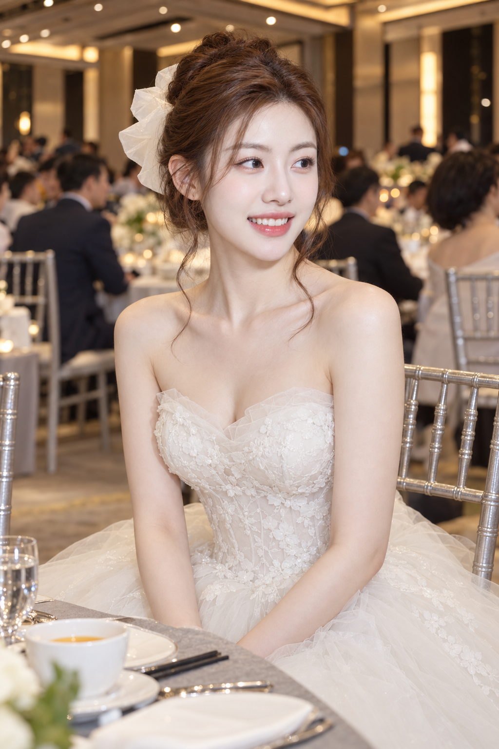婚礼晚宴白色蕾丝抹胸新娘纪实肖像