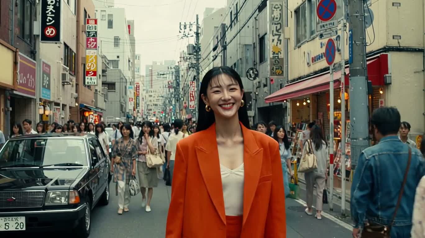 橙色外套女孩的东京昼夜漫游 — AI video creation