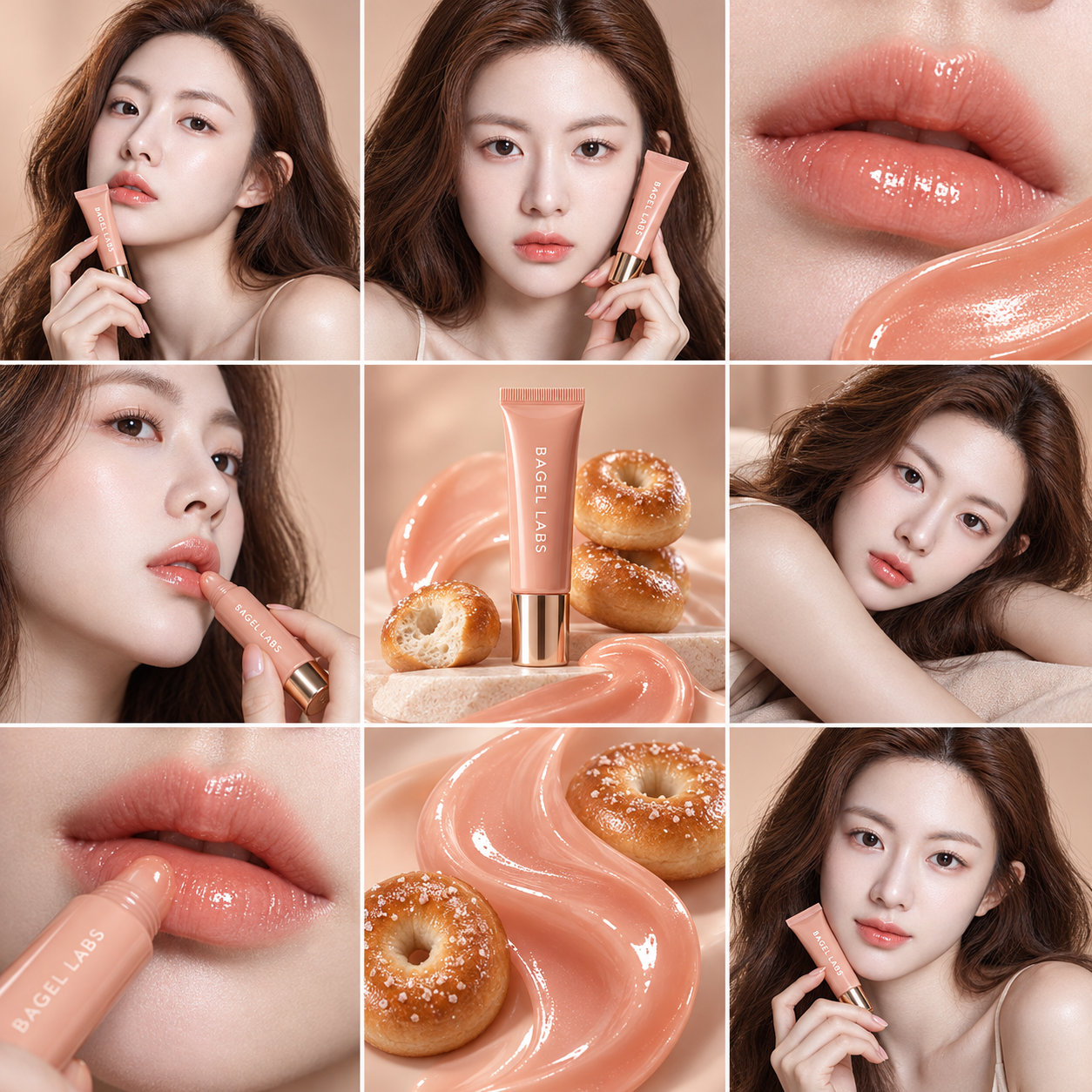 BAGEL LABS 蜜桃裸色润唇膏九宫格奢华广告 — AI image creation
