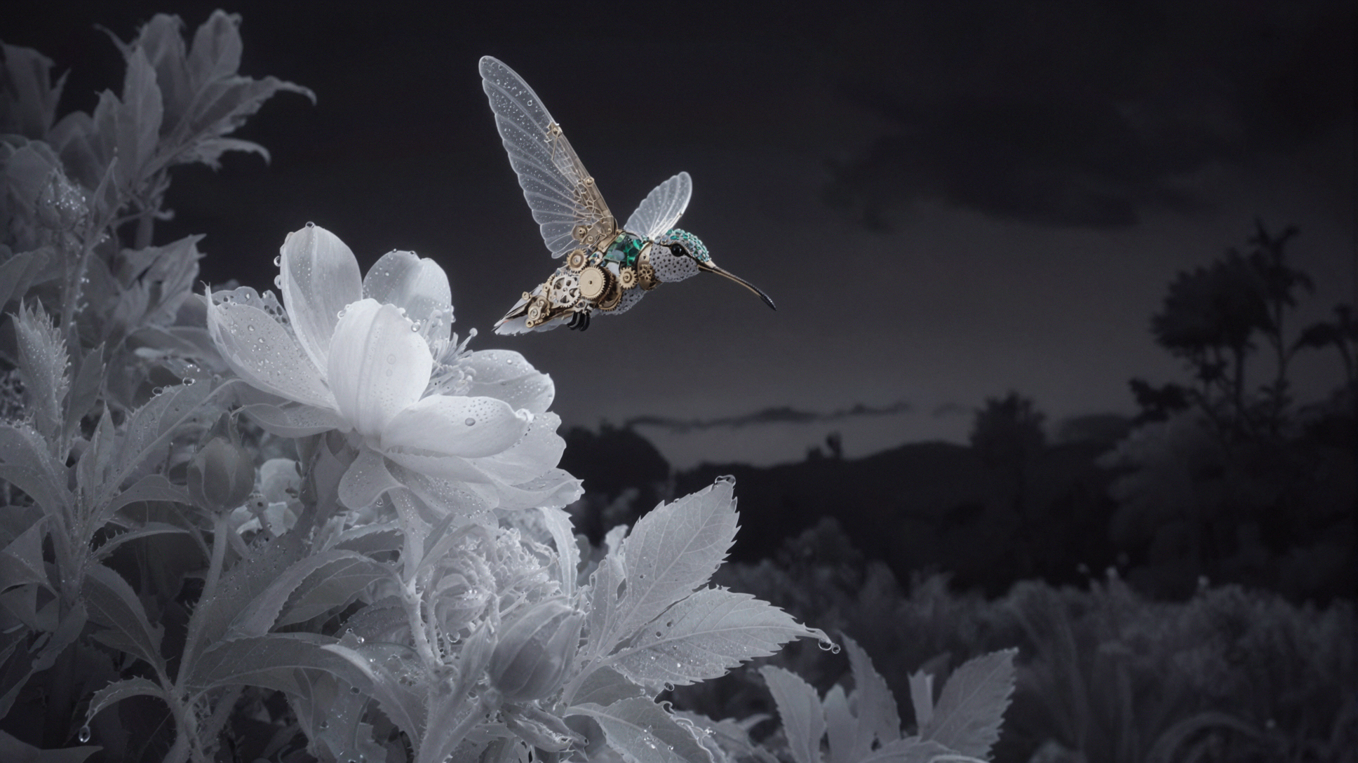 Robot colibri · Photographie infrarouge — AI image creation