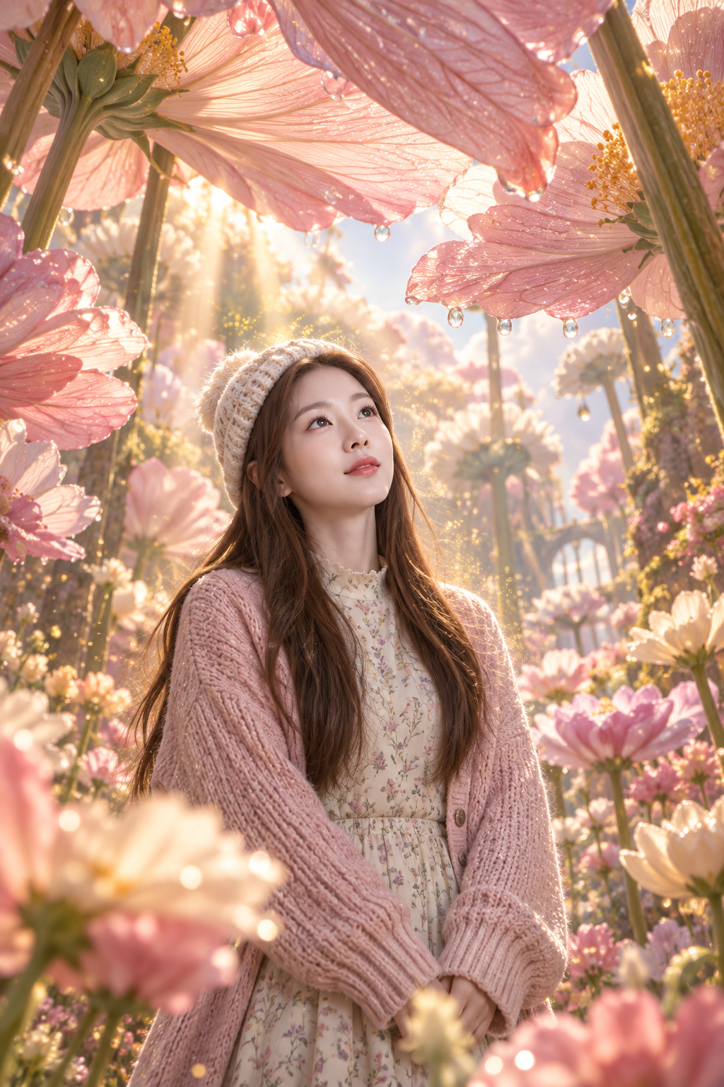 巨型花海中的成年女性奇幻肖像 — AI image creation