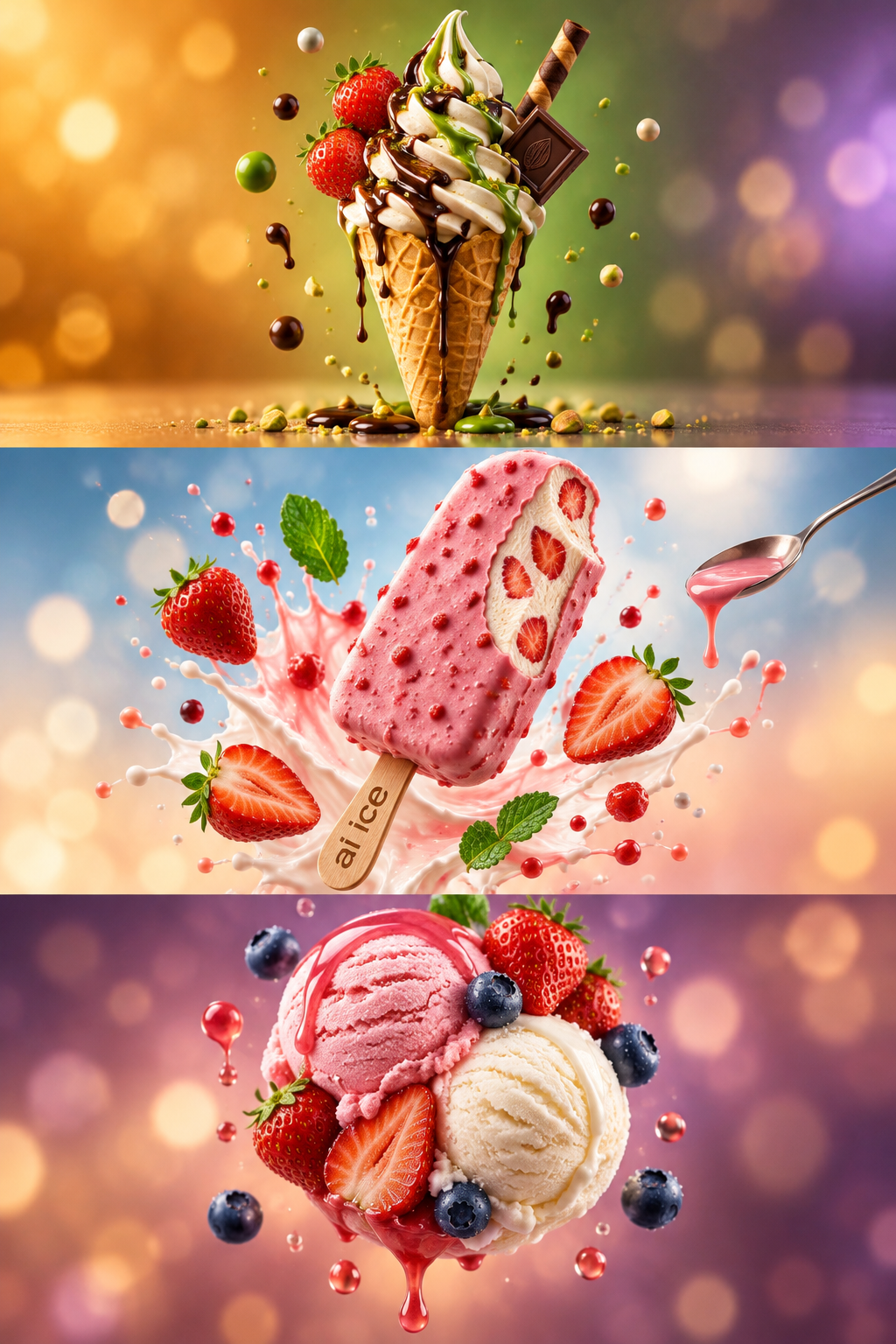 草莓与香草冰淇淋的动感三联广告 — AI image creation