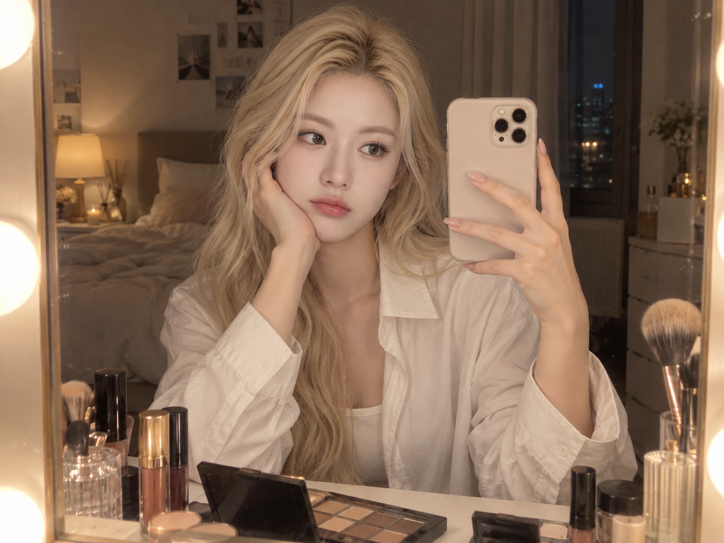 深夜梳妆台前的成年金发女性镜面自拍 — AI image creation