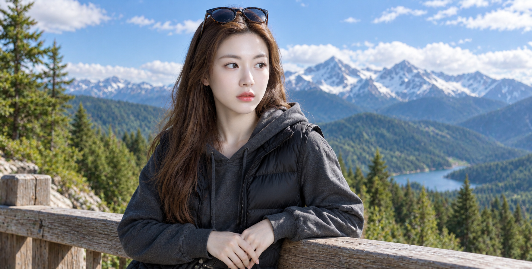 雪峰与森林山丘前的羽绒背心旅行肖像 — AI image creation