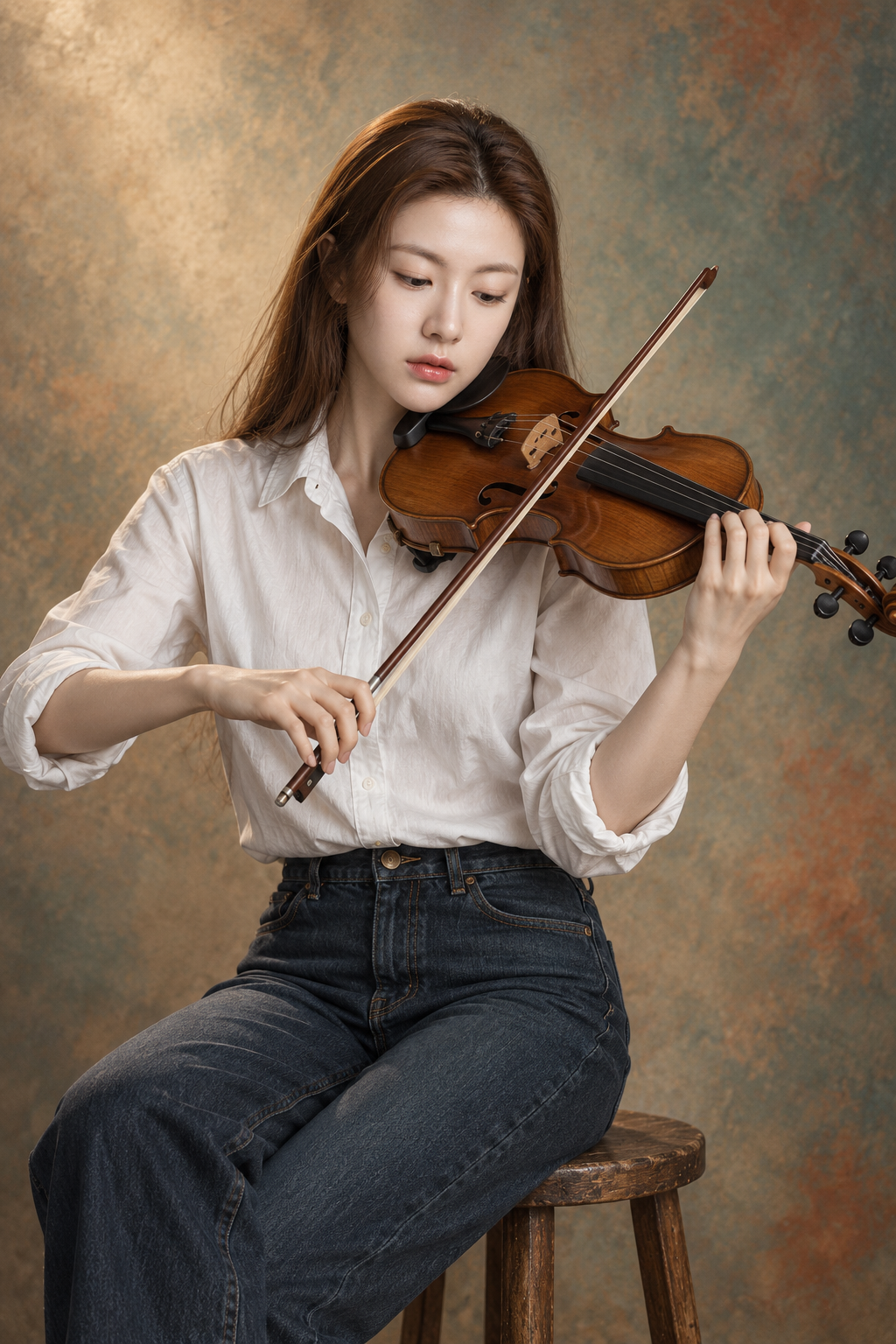 Chân dung nghệ sĩ vĩ cầm trên nền tranh mềm mại