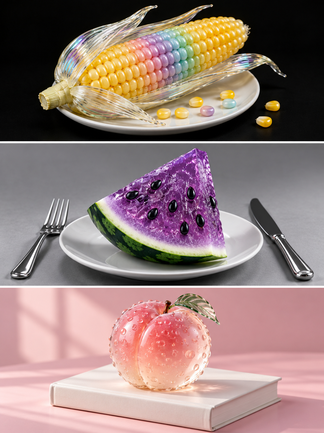虹彩玻璃质感水果与玉米静物三联画