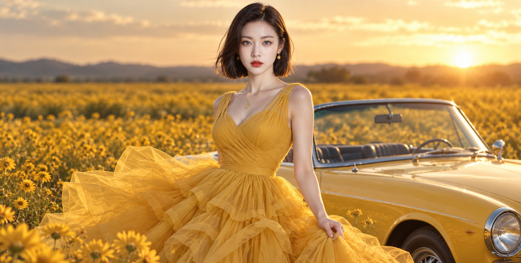 金色野花田与复古敞篷车旁的成年女性高定肖像 — AI image creation