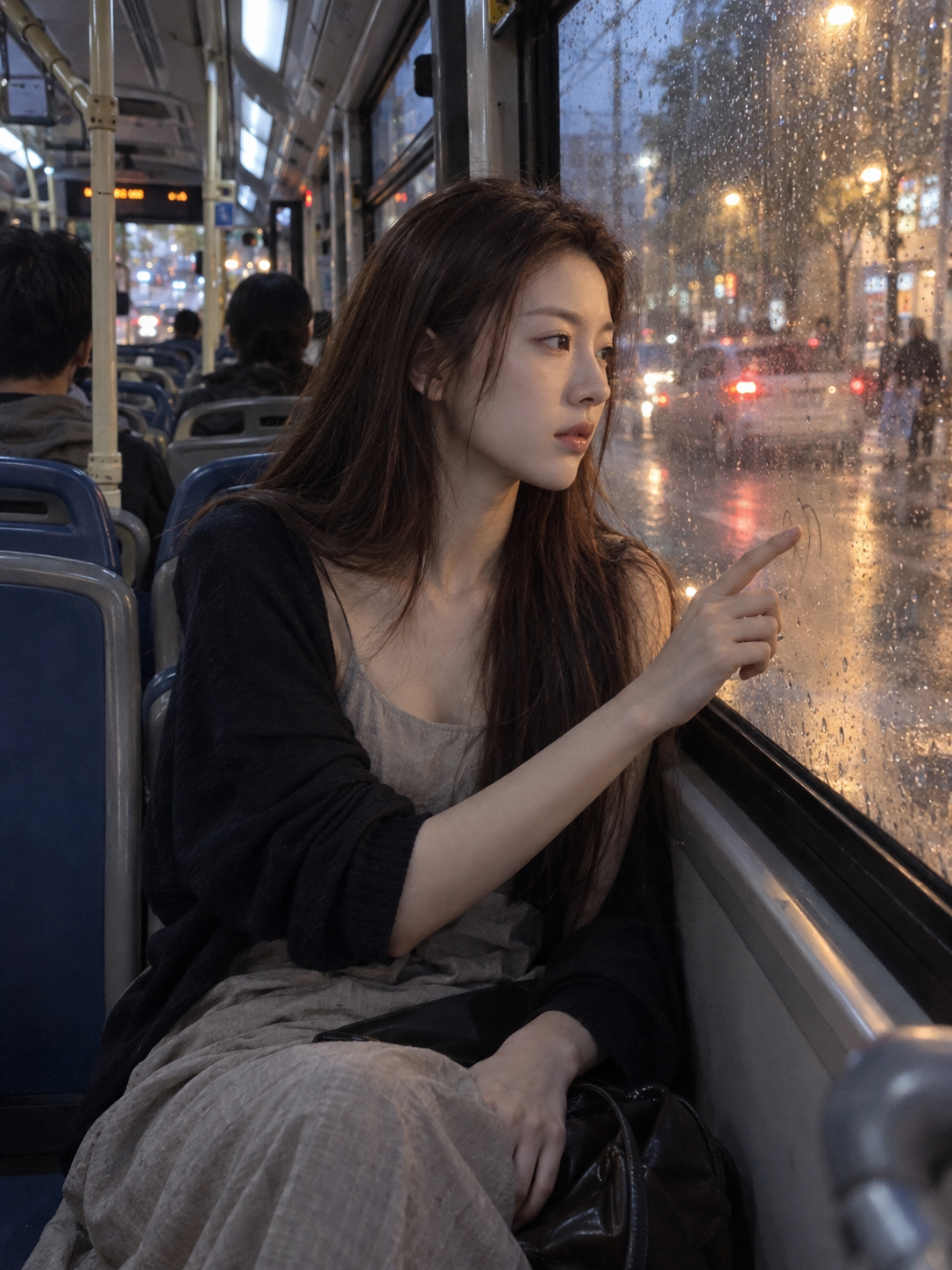 Chân dung người phụ nữ châu Á bên cửa sổ xe buýt sau mưa