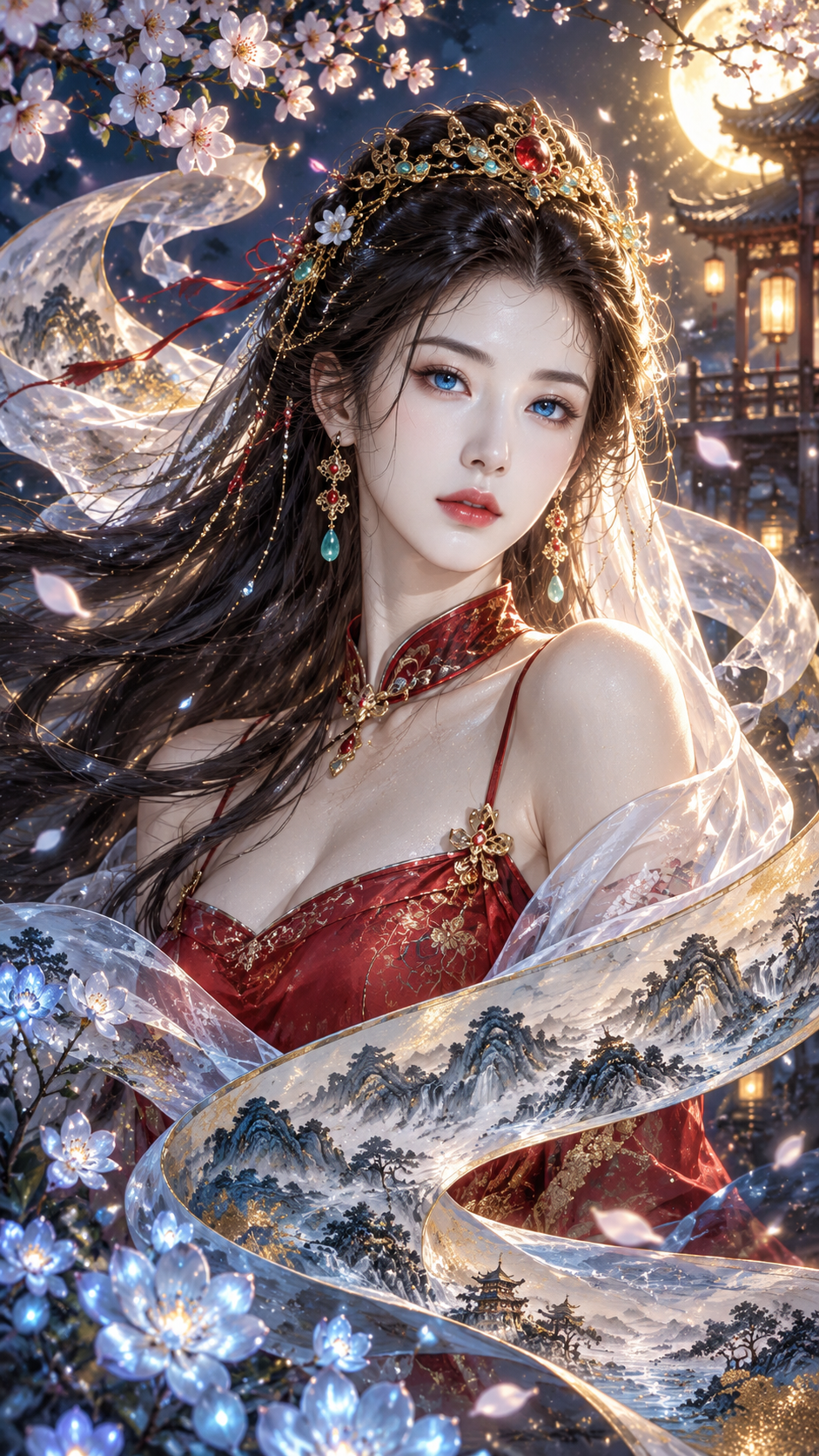 山水长卷环绕的国风幻想肖像 — AI image creation