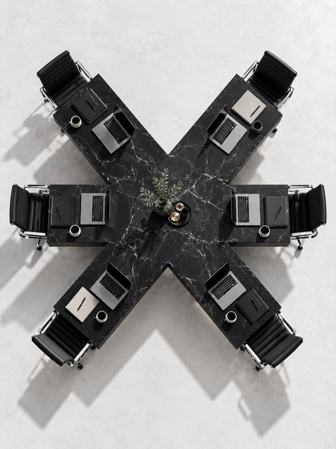 极简俯视 X 形黑大理石会议桌 — AI image creation