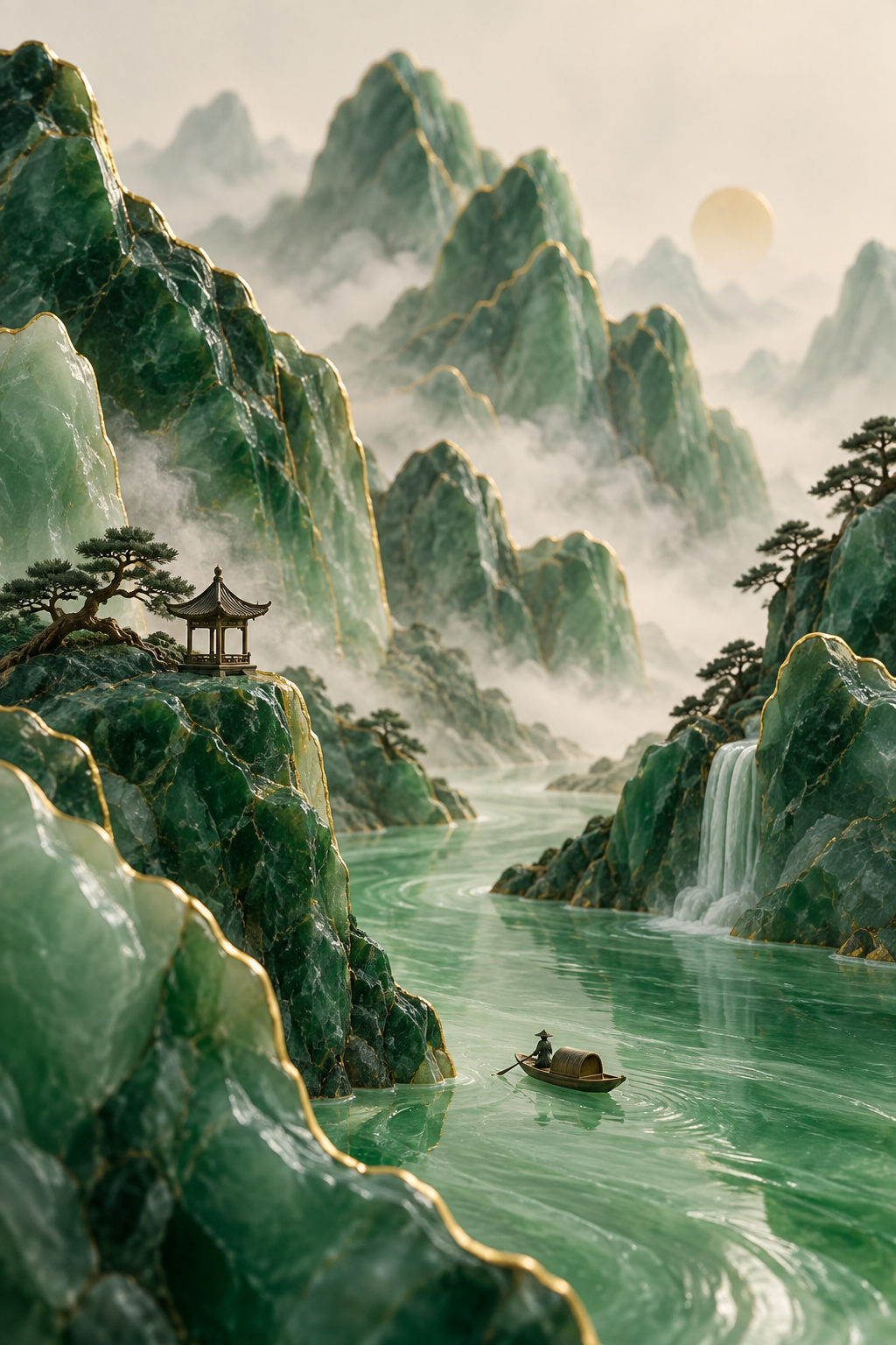 翠玉流金东方微缩山水封面 — AI image creation