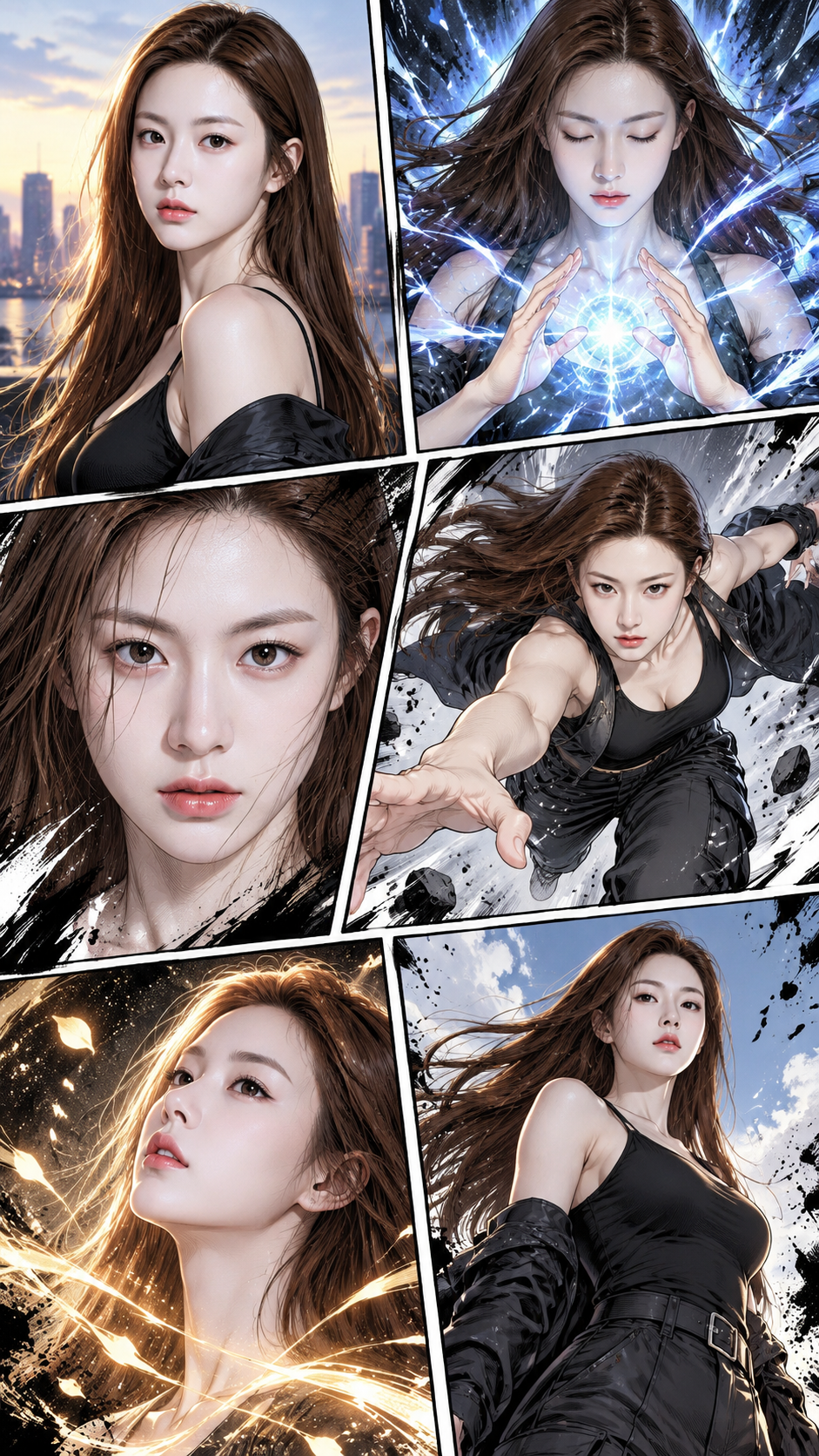 成年主角的电影感彩色漫画分镜页 — AI image creation