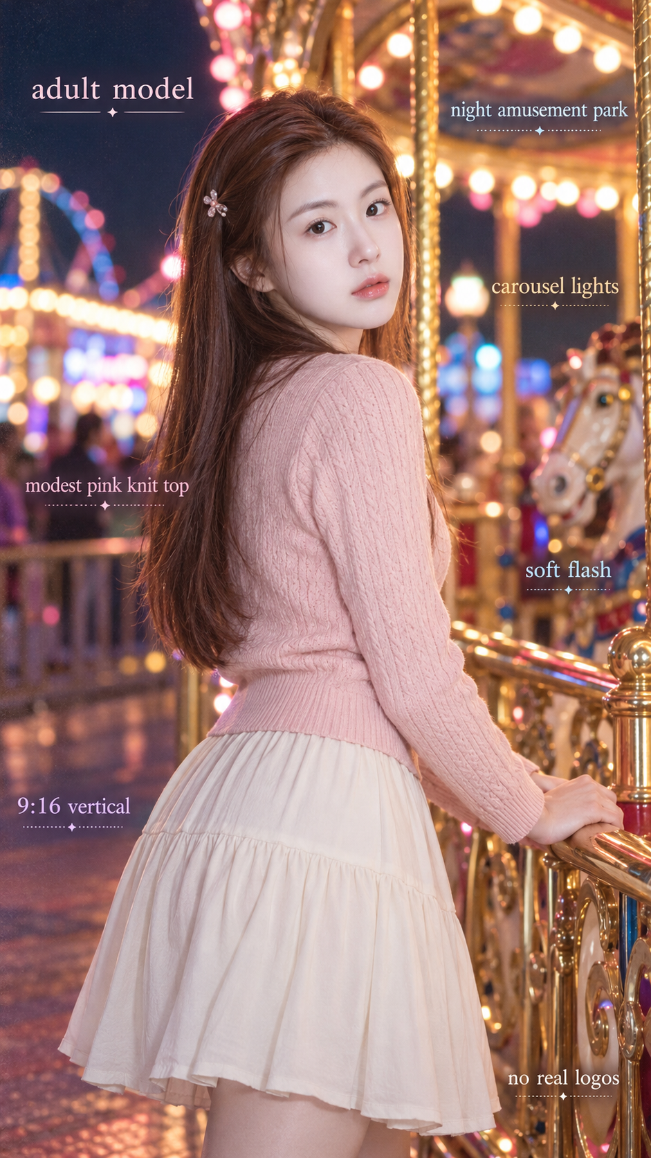 七条短语齐全的夜间旋转木马成年肖像 — AI image creation