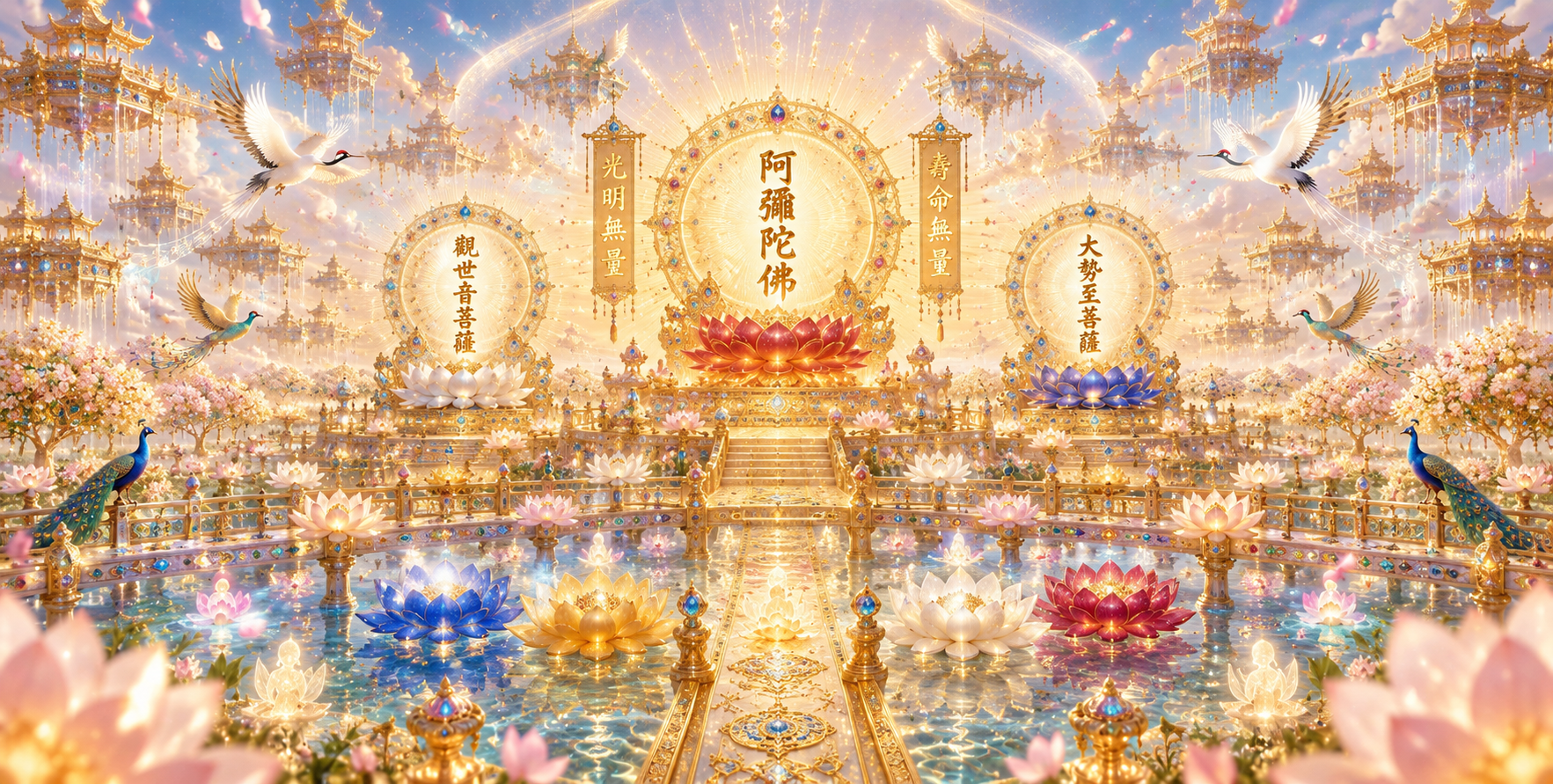 七宝池中莲花化生的极乐净土 — AI image creation