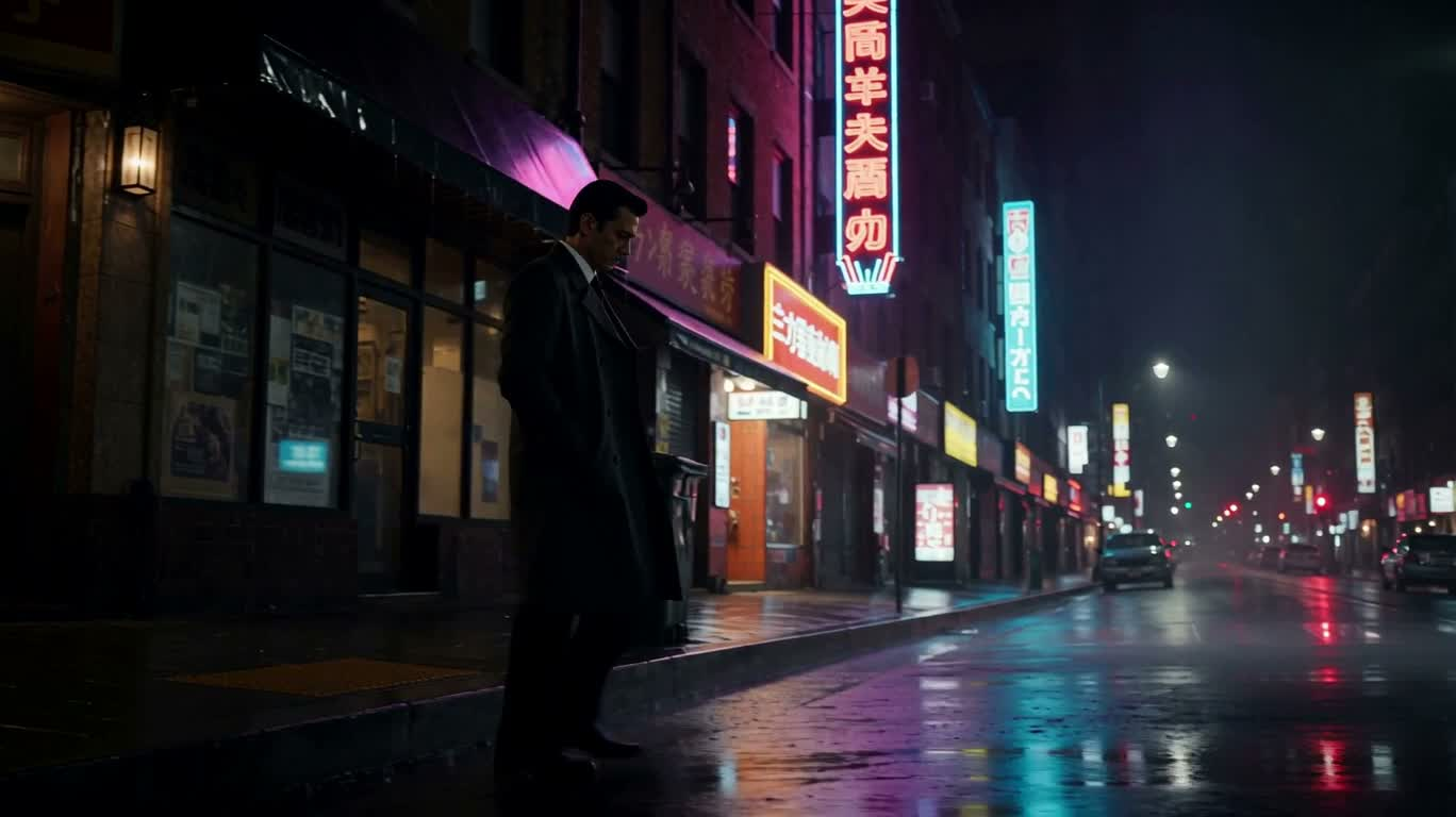 雨夜霓虹街头独行 — AI video creation