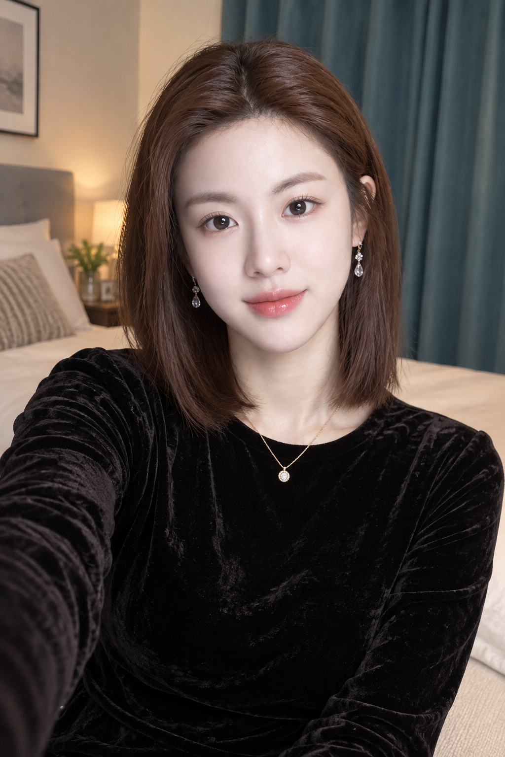 青绿色窗帘前的暖光卧室自拍肖像 — AI image creation