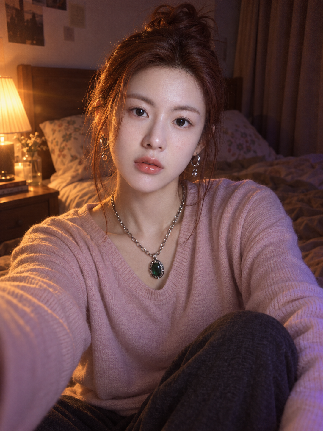 Warm and Cool Low-Light Adult Bedroom Self-Portrait — AI image creation