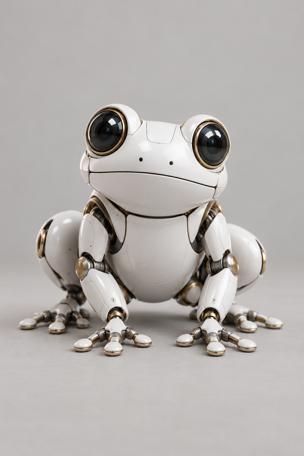 白陶瓷装甲与金属点缀的机械青蛙产品渲染 — AI image creation
