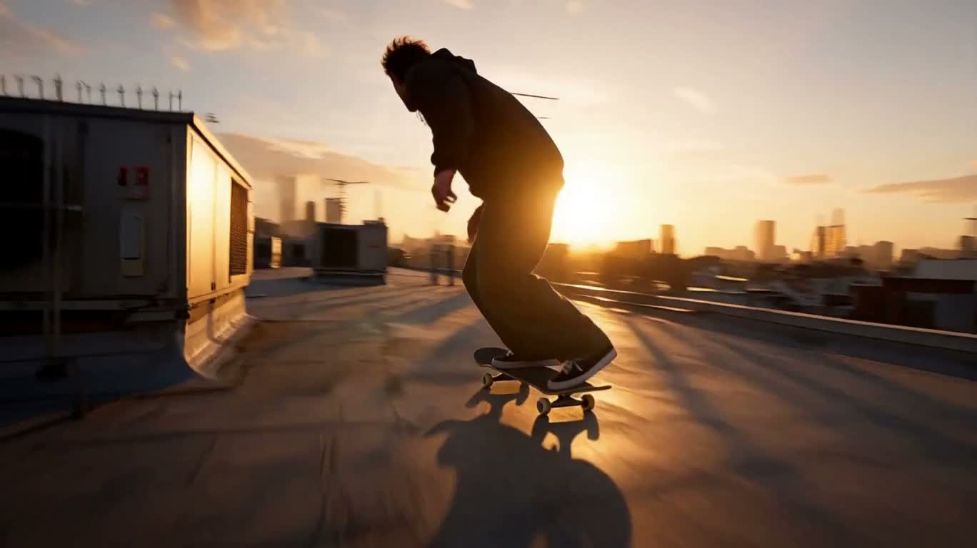 夕阳都市屋顶滑板追逐 — AI video creation